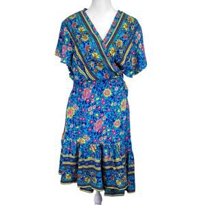 ZESICA Boho Chic Floral Mini Wrap Dress Womens Sz L Turquoise Blue Spring Summer